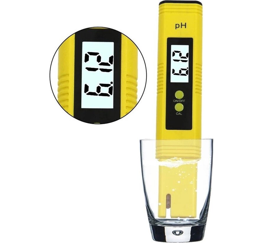 PH Meter digital - Testeur d'eau professionnel - Convient pour piscine / aquarium / entretien du sol - PH Strips - Incl. Kallibration Powders - Jaune