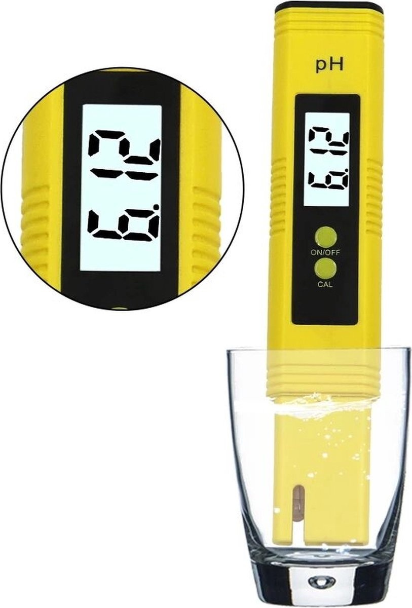 PH Meter digital - Testeur d'eau professionnel - Convient pour piscine / aquarium / entretien du sol - PH Strips - Incl. Kallibration Powders - Jaune