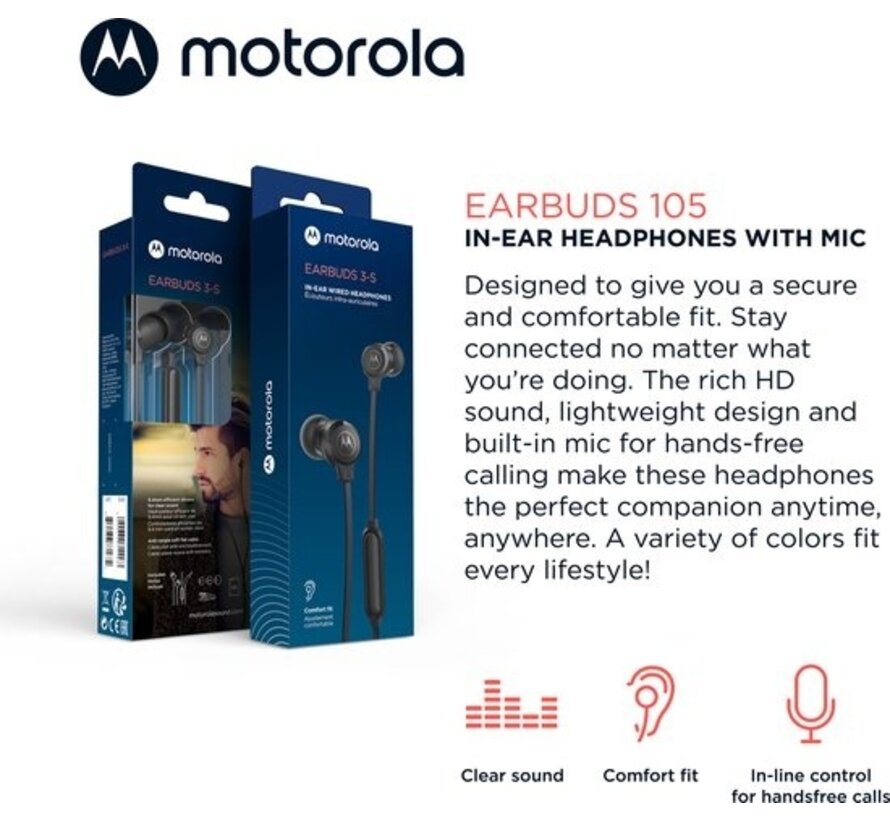 Motorola Earbuds with Wire 105 - Earbuds with Microphone - In-Ear Earbuds - Incl. 6 Silicone Earplugs in S, M and L - In-Line Microphone - Crystal Clear Sound - Black