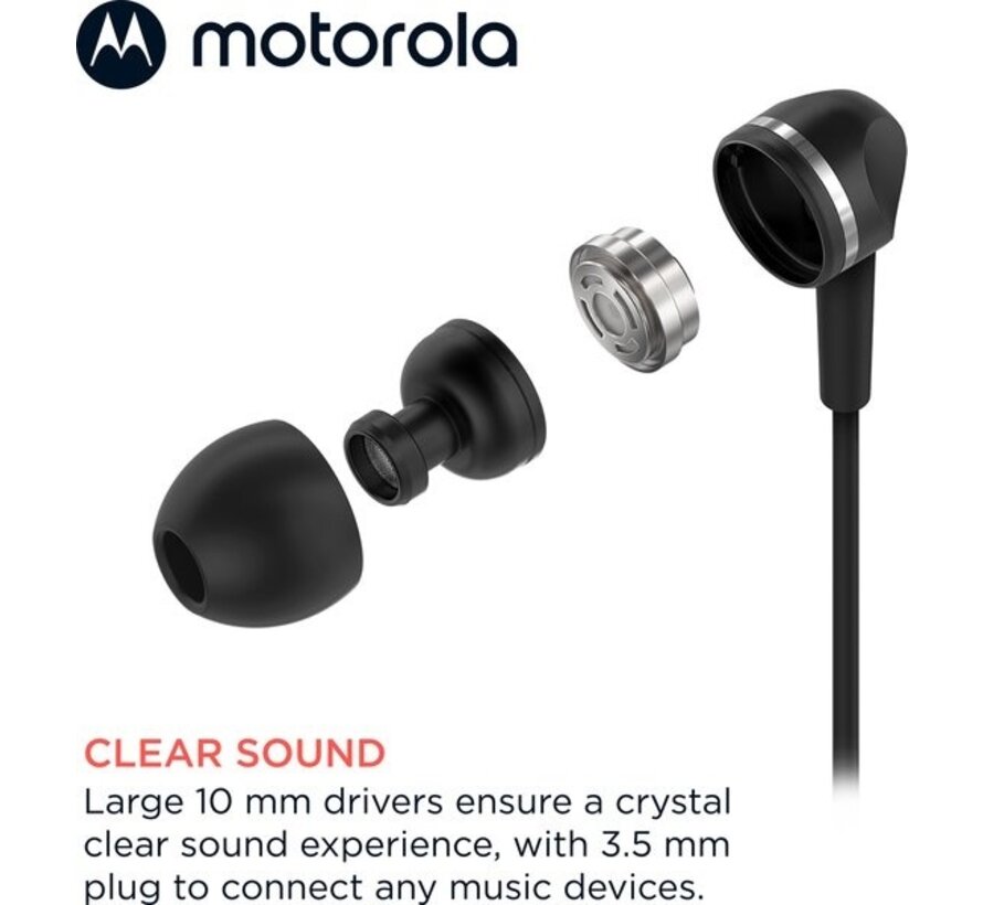 Motorola Earbuds with Wire 105 - Earbuds with Microphone - In-Ear Earbuds - Incl. 6 Silicone Earplugs in S, M and L - In-Line Microphone - Crystal Clear Sound - Black