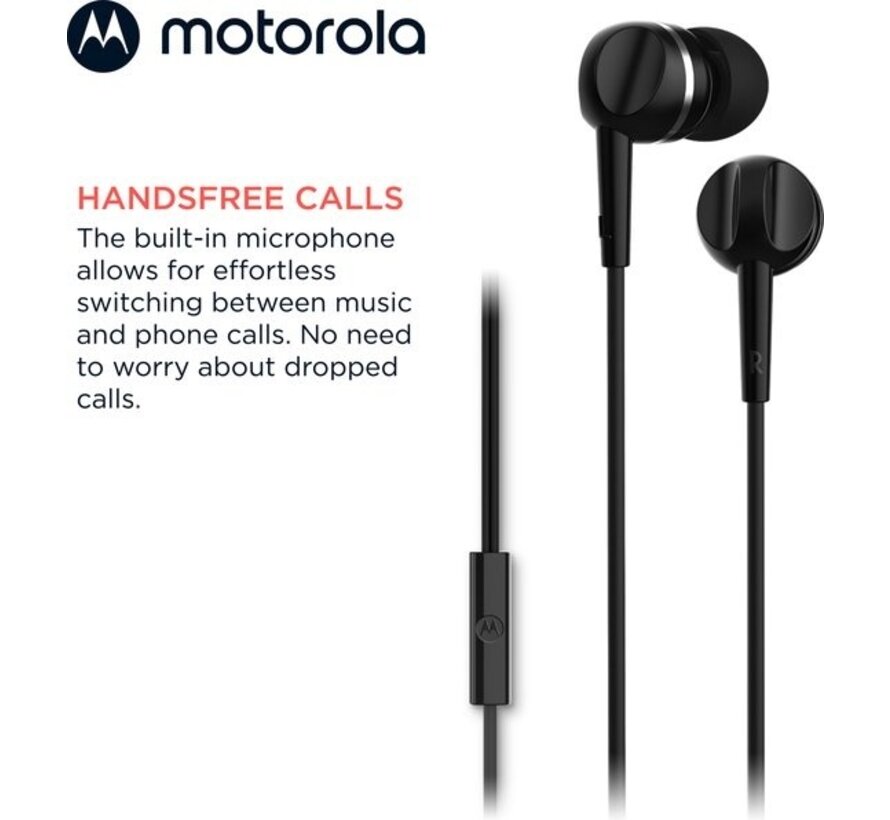 Motorola Earbuds with Wire 105 - Earbuds with Microphone - In-Ear Earbuds - Incl. 6 Silicone Earplugs in S, M and L - In-Line Microphone - Crystal Clear Sound - Black