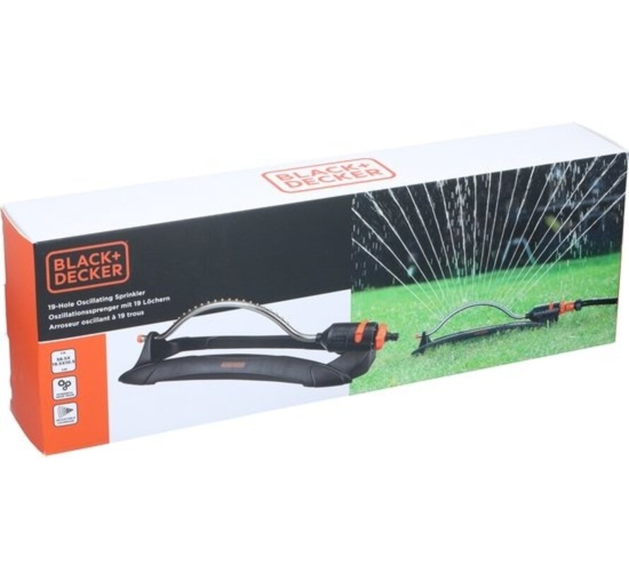 BLACK+DECKER Arroseur de pelouse - 19 trous - 58.5 x 19.5 x 10.5 CM - Arroseur de jardin pivotant - Noir/Orange