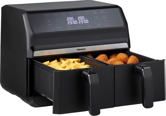 Double airfryer Tomado - Friteuse à air chaud - Capacité de 2 x 4 litres - 1700 watts - Commandes tactiles - 8 programmes automatiques - Noir