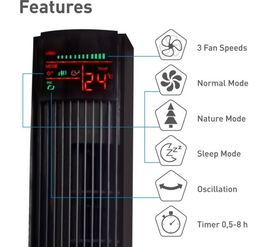 SUNTEC CoolBreeze 12000 TV Ventilateur de tour - Oscillation - Fonction minuterie - 45 watts - 3 modes de ventilation