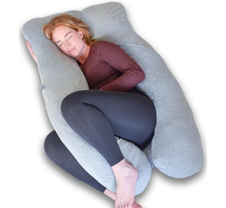 Ella® Maternity Pillow XXL U-Shape - Coussin d'allaitement - Coussin de sommeil en soie - Coussin de corps - Enveloppe amovible en jersey de coton - 140x80cm - Gris clair