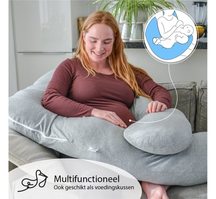 Ella® Maternity Pillow XXL U-Shape - Coussin d'allaitement - Coussin de sommeil en soie - Coussin de corps - Enveloppe amovible en jersey de coton - 140x80cm - Gris clair