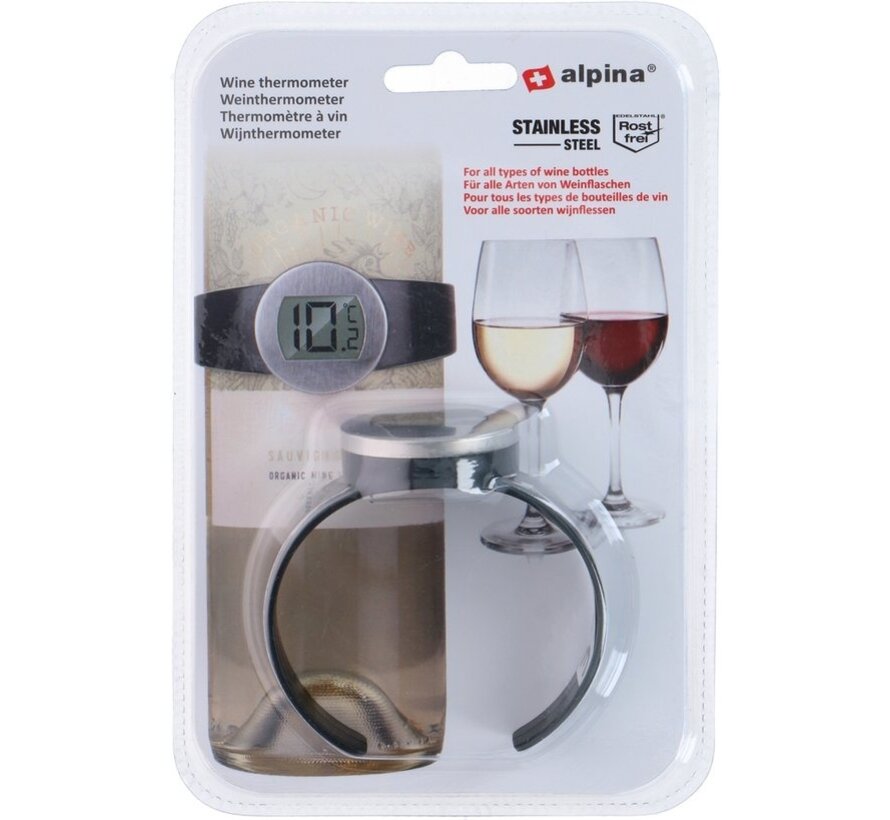 alpina Thermomètre à vin - Placement autour de la bouteille de vin - Convient à toutes les bouteilles de vin - acier inoxydable - Noir/Argent