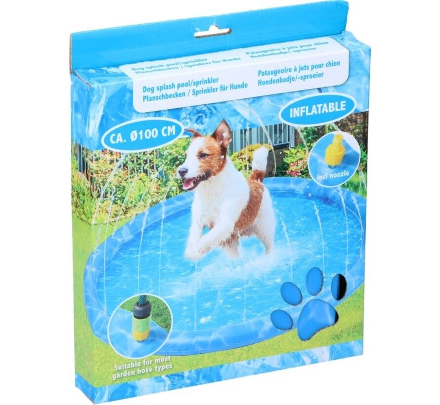 Tapis d'eau pour chien - Ø100 CM - Tapis de bain et de refroidissement pour chien - avec arroseurs - s'adapte à pratiquement tous les tuyaux d'arrosage - PVC - Bleu