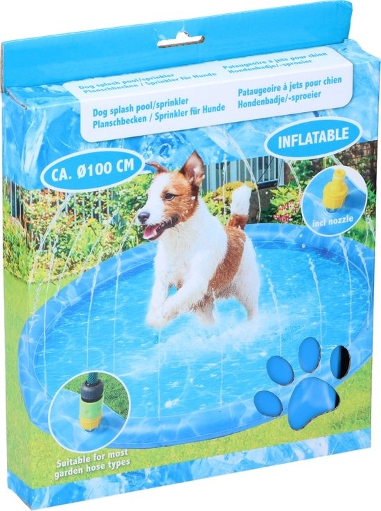 Tapis d'eau pour chien - Ø100 CM - Tapis de bain et de refroidissement pour chien - avec arroseurs - s'adapte à pratiquement tous les tuyaux d'arrosage - PVC - Bleu