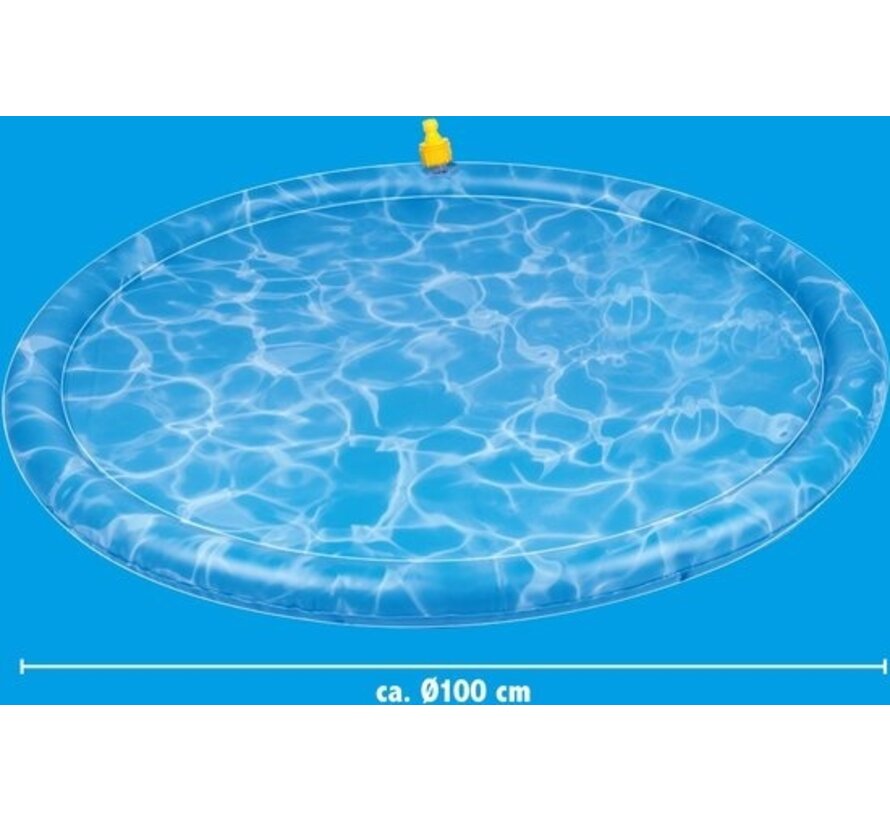 Tapis d'eau pour chien - Ø100 CM - Tapis de bain et de refroidissement pour chien - avec arroseurs - s'adapte à pratiquement tous les tuyaux d'arrosage - PVC - Bleu