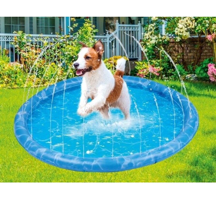 Tapis d'eau pour chien - Ø100 CM - Tapis de bain et de refroidissement pour chien - avec arroseurs - s'adapte à pratiquement tous les tuyaux d'arrosage - PVC - Bleu