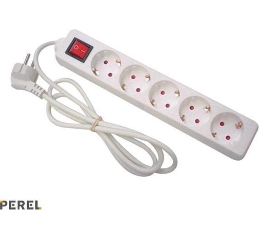 Perel Prise avec interrupteur, 5 prises avec terre de protection (type F), câble 1.5 m, 3G1.5, usage intérieur, blanc