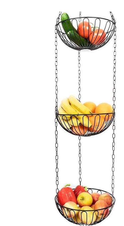 Corbeille à fruits suspendue - Chefarone - Panier à fruits suspendu - Corbeille à fruits - Crochet de cuisine - Support à fruits -130 CM - 3 paniers - Noir
