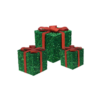 Koopman 3 boîtes cadeaux lumineuses avec Led - Vertes - 15cm, 20cm, 25cm