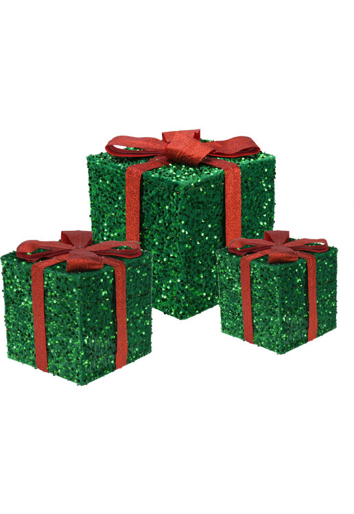 3 boîtes cadeaux lumineuses avec Led - Vertes - 15cm, 20cm, 25cm