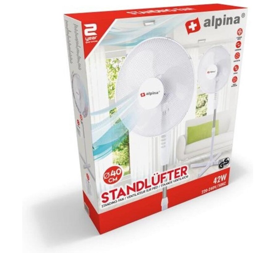 Ventilateur Alpina - Sur pied - Ø 40 cm - Inclinable - Fonction pivotante - Blanc