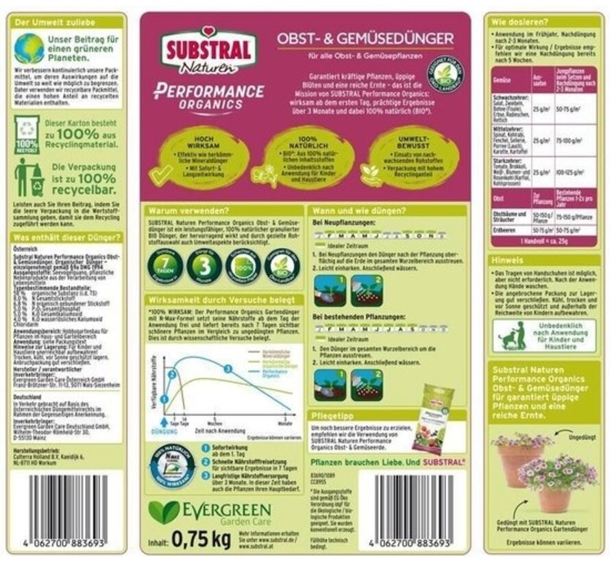 Substral Naturen Evergreen engrais biologique et organique pour fruits et légumes 750g