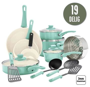 Coock COOCK Ensemble de casseroles 19 pièces - Revêtement spécial antiadhésif - Poignées ergonomiques - Aluminium recyclé - Turquoise (vert) - Sous-verres et livre électronique inclus