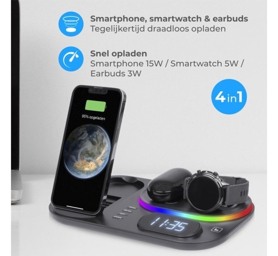 Nuvance - Station de charge 4 en 1 - pour Apple iPhone et Samsung - Chargeur rapide sans fil - Chargeur sans fil - Chargeur rapide 15W