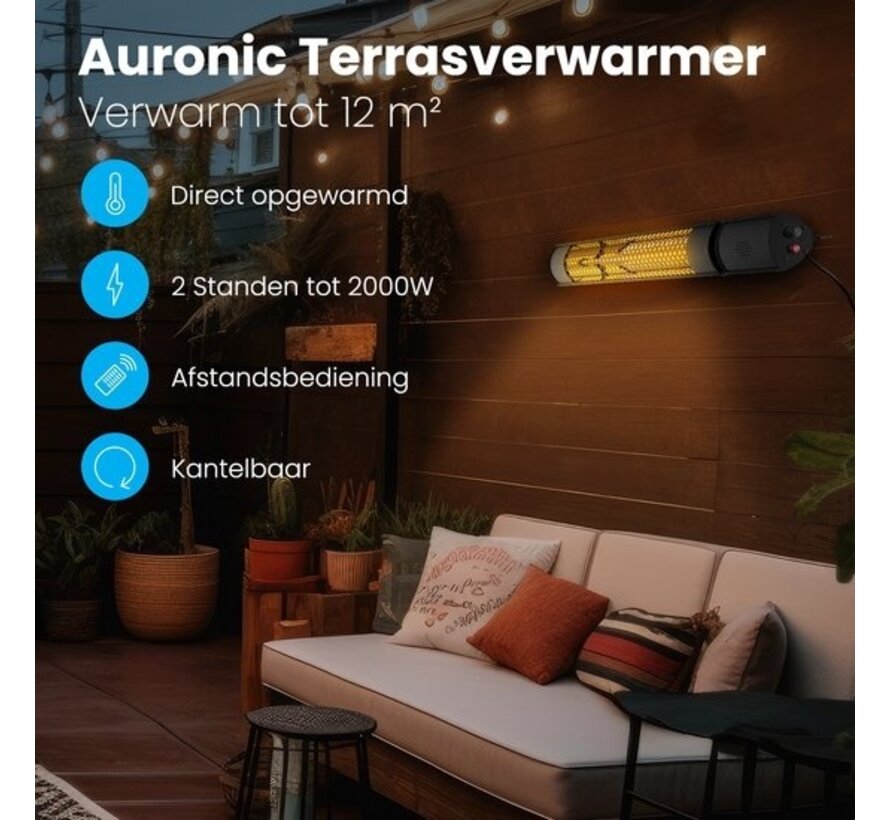 Chauffage de terrasse Auronic - Electrique - 2000W - Télécommande - 2 niveaux - IP55 - Noir
