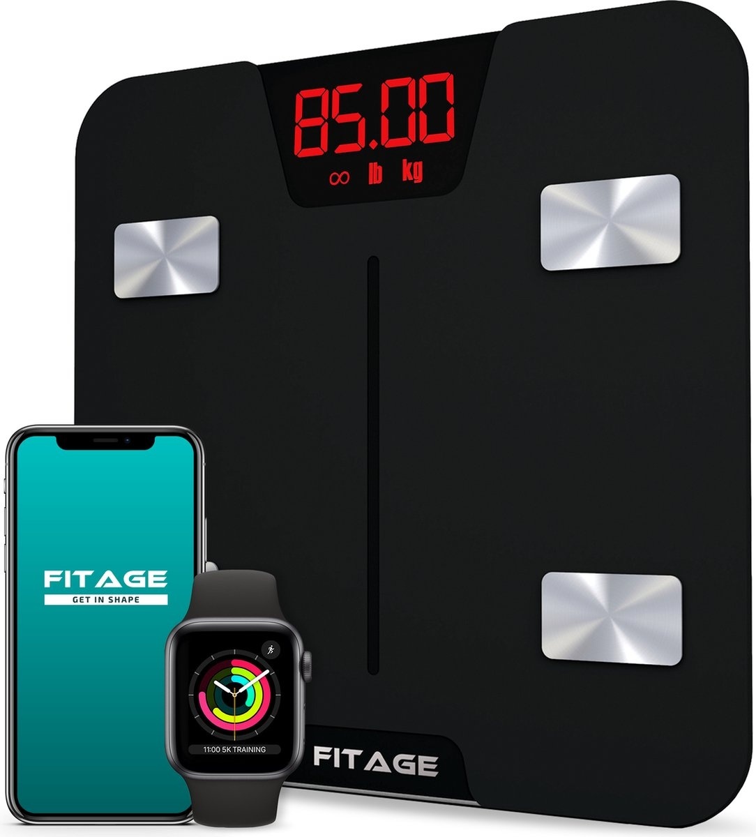 FITAGE Balance Pèse Personne, Balance Connectée Bluetooth Pèse Personne Impédancemètre, Balance Impedancemetre avec 13 Données Corporelles (BMI/Graisse Corporelle/Masse Osseuse/BMR/Muscle/Eau), Elis 1