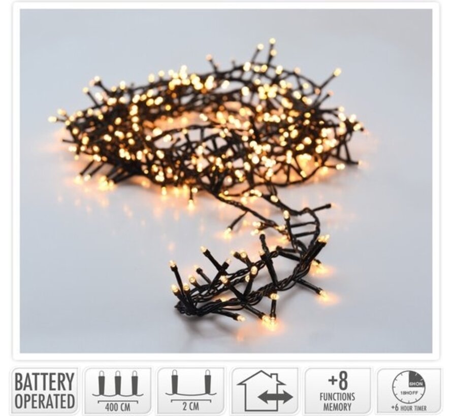 Micro Cluster 200 leds - 4m - deux tons romantique- Blanc chaud Blanc extra chaud Combi- Batterie - Fonctions d'éclairage - Mémoire - Minuterie