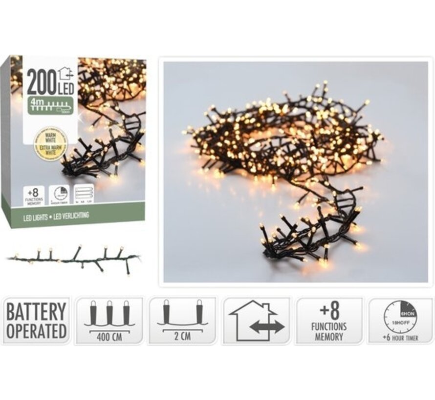 Micro Cluster 200 leds - 4m - deux tons romantique- Blanc chaud Blanc extra chaud Combi- Batterie - Fonctions d'éclairage - Mémoire - Minuterie