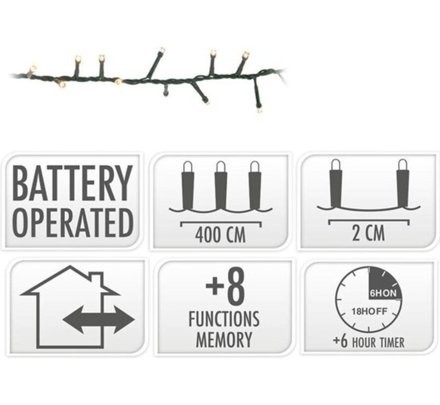 Micro Cluster 200 leds - 4m - deux tons romantique- Blanc chaud Blanc extra chaud Combi- Batterie - Fonctions d'éclairage - Mémoire - Minuterie
