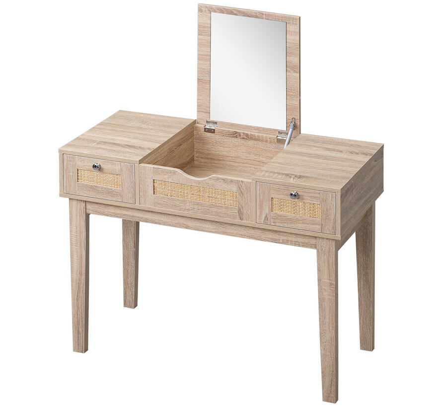 Coiffeuse en osier - HOMdotCOM - avec 1 miroir, 2 tiroirs et 1 compartiment de rangement 100 cm x 46 cm x 78,5 cm naturel