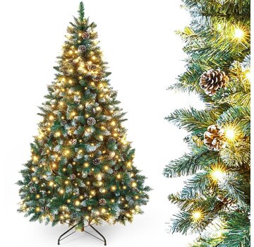 Yorbay Yorbay Arbre de Noël artificiel enneigé avec lumières LED et pommes de pin - 210cm