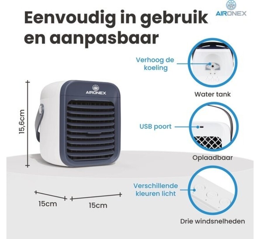 Rafraîchisseur d'air portable bleu - Rafraîchisseur d'air sans fil avec réservoir d'eau par Aironex - Fonction d'humidification - Rafraîchisseur d'air sans climatisation - Ventilateur de table - Support de ventilateur - Augmentez votre productivité et vot