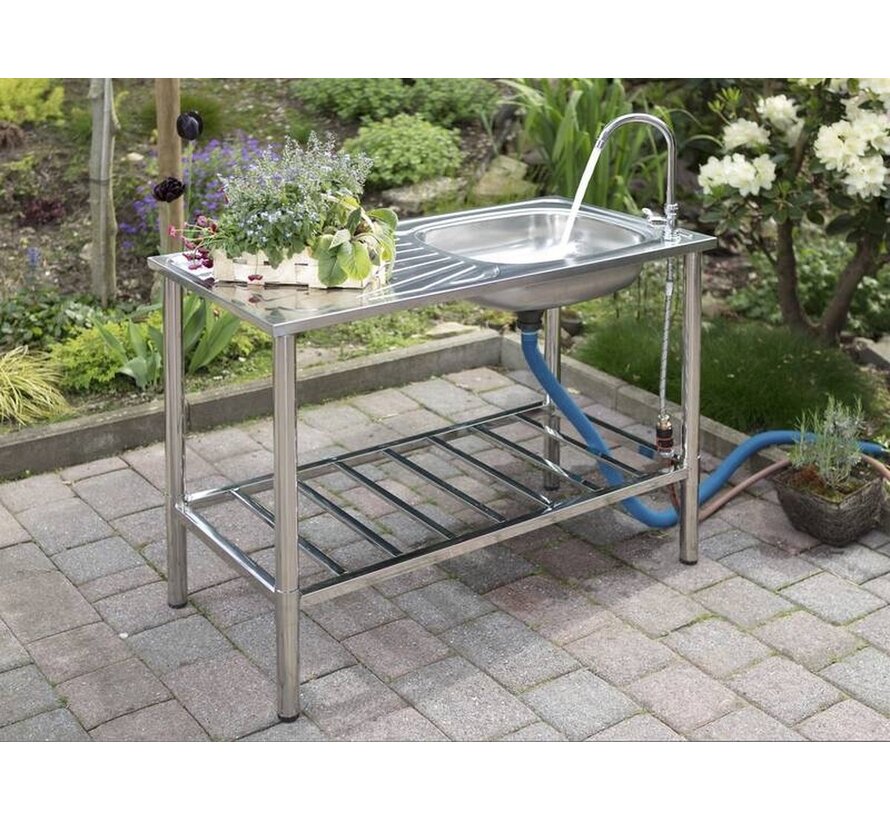 Evier de cuisine - Garten - Evier d'extérieur en acier inoxydable - avec égouttoir, robinet et tuyau d'évacuation - portable - sur pied -100 x 50,5 x 87 cm