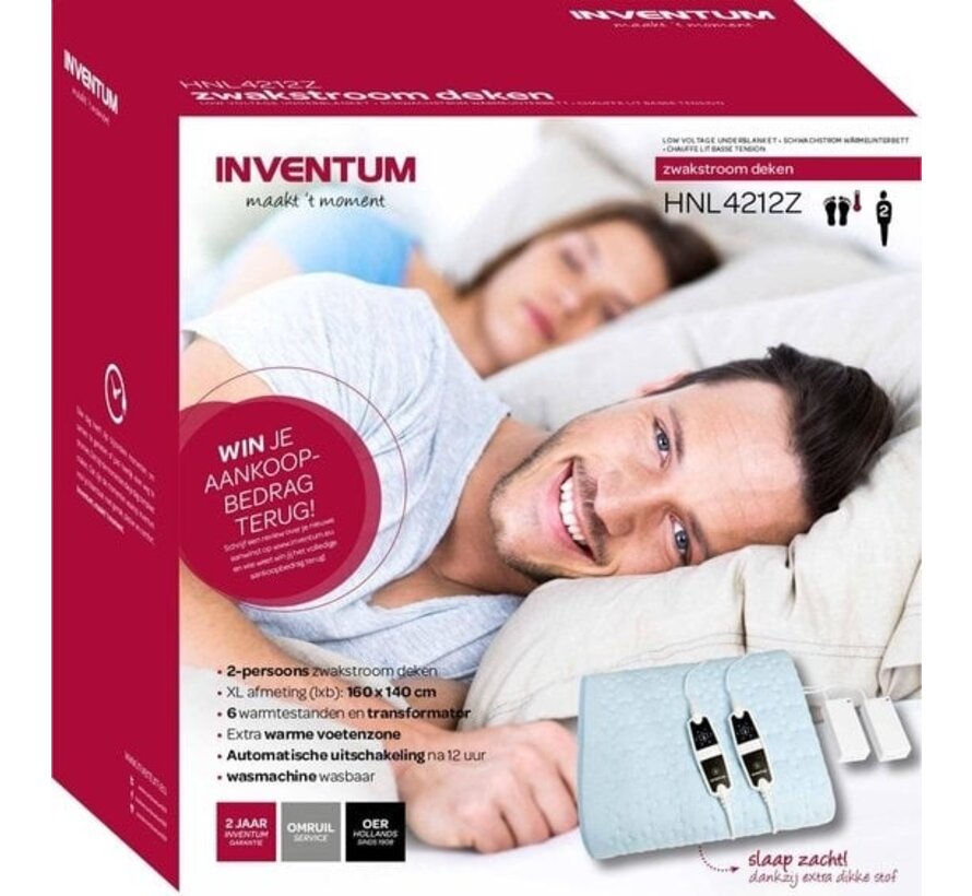 Inventum HNL4212Z - Sous-couverture électrique - Courant faible - Zone des pieds plus chaude - 2 personnes - 160x140 cm - Polaire - Bleu clair