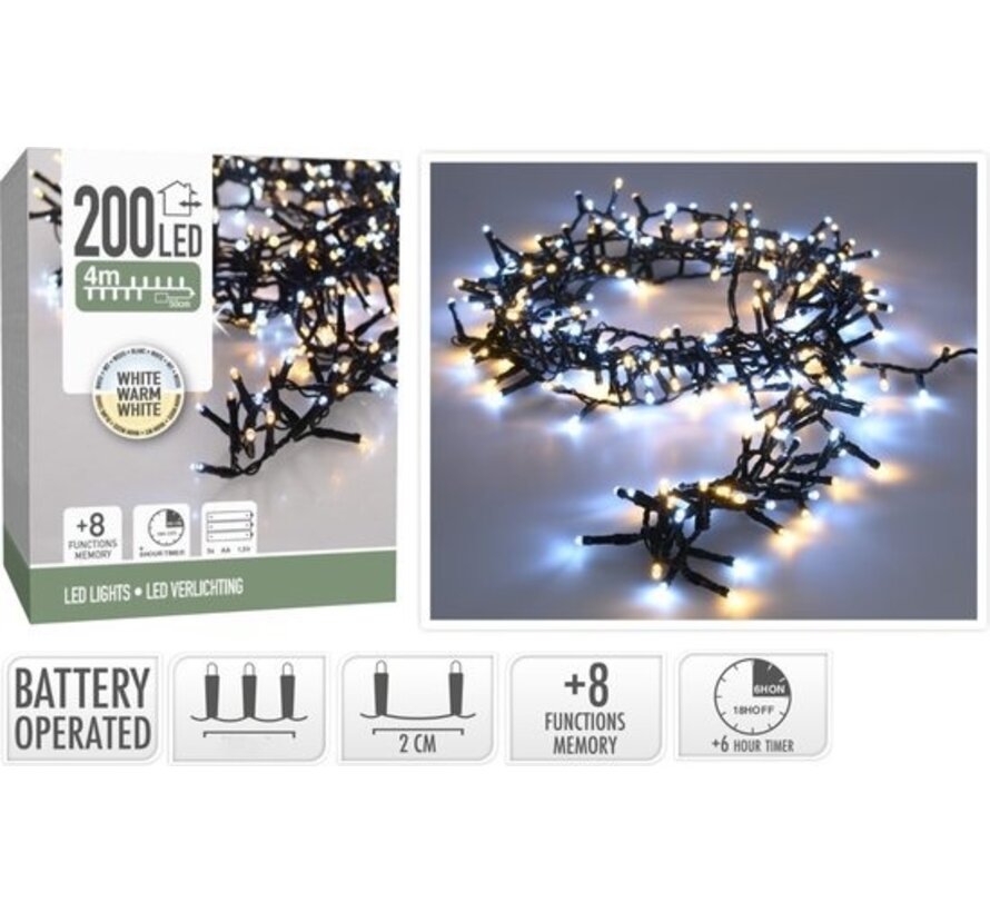 Micro Cluster 200 led - 4m - bicolore adorable -2 couleurs blanches en 1 Batterie - Fonctions d'éclairage - Minuterie