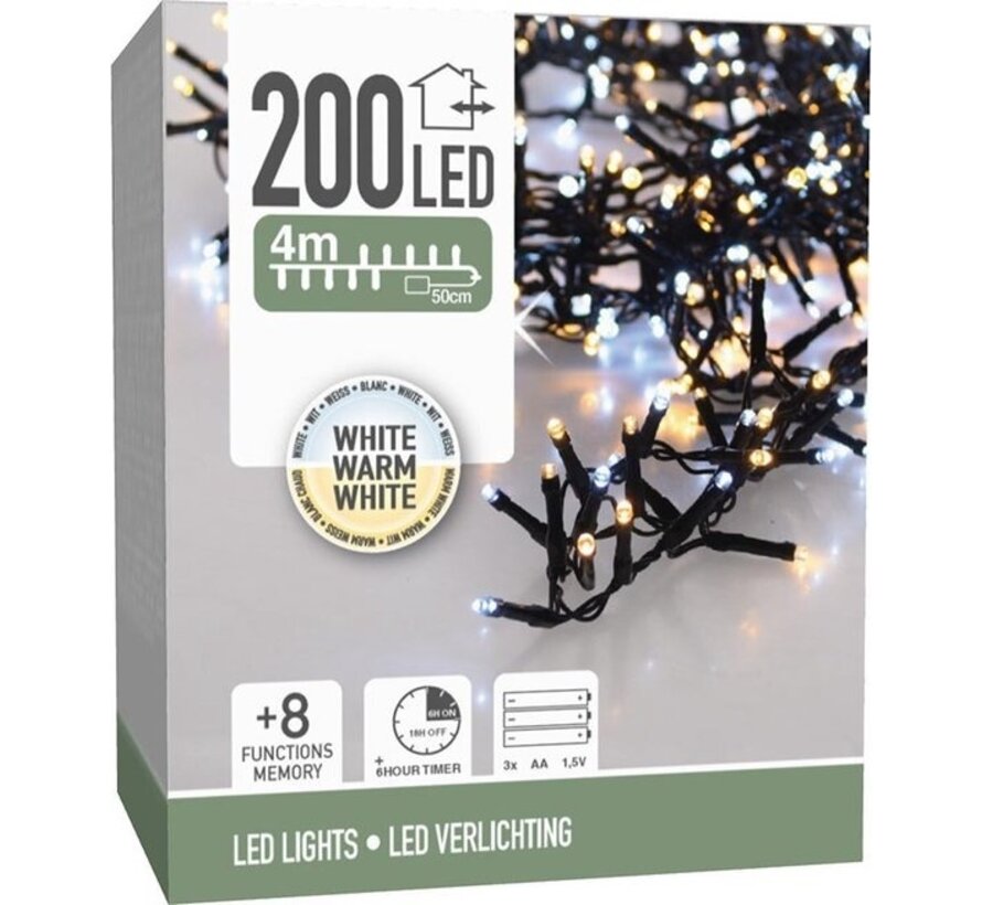 Micro Cluster 200 led - 4m - bicolore adorable -2 couleurs blanches en 1 Batterie - Fonctions d'éclairage - Minuterie