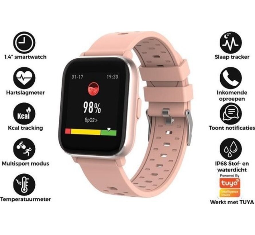 Denver Smartwatch - Bouton facile à retourner - Podomètre - Appels/SMS - TUYA app - Activité du sommeil - Fréquence cardiaque, Moniteur de tension artérielle, Mode sport - IP68 - SW164 - Rose