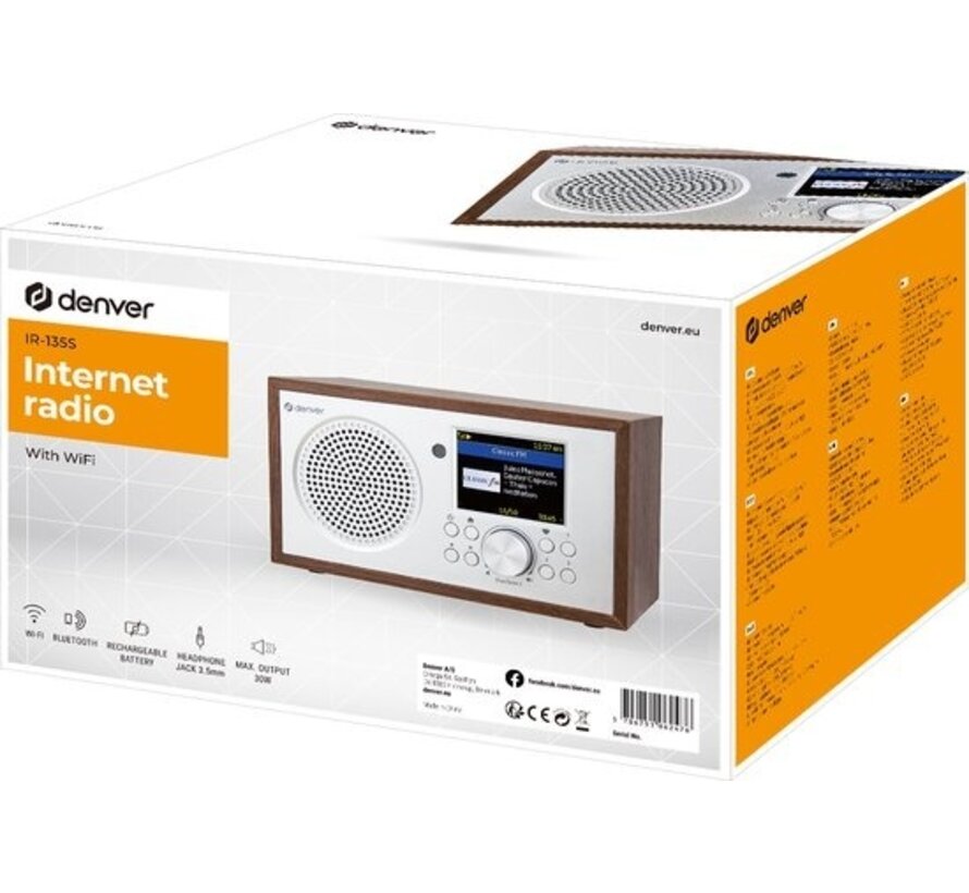 Denver IR-135 - Radio Internet - WiFi - Bluetooth - Minuteur de sommeil - Double réveil - Fonctionne sur piles - Argent