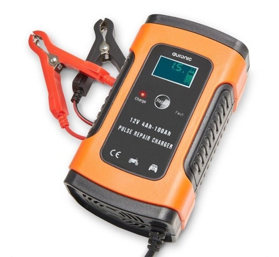 Auronic Chargeur de batterie - Chargeur de secours - pour voiture et moto - 12V - jusqu'à 100Ah - Orange