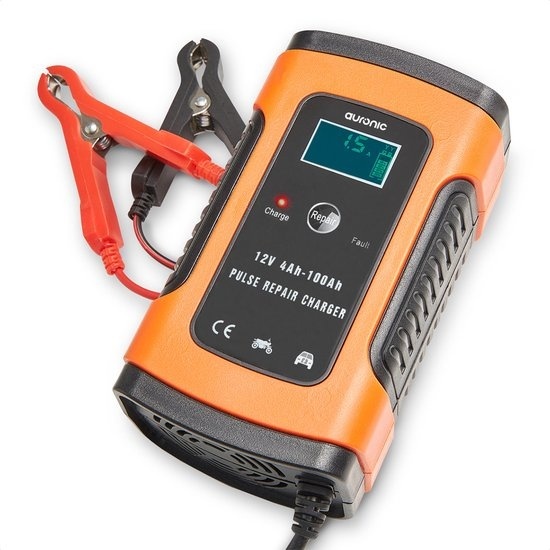 Chargeur de batterie - Auronic - Chargeur de secours - pour voiture et moto - 12V - jusqu'à 100Ah - Orange