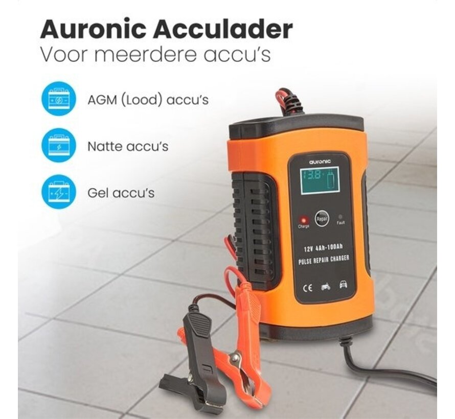 Auronic Chargeur de batterie - Chargeur de secours - pour voiture et moto - 12V - jusqu'à 100Ah - Orange