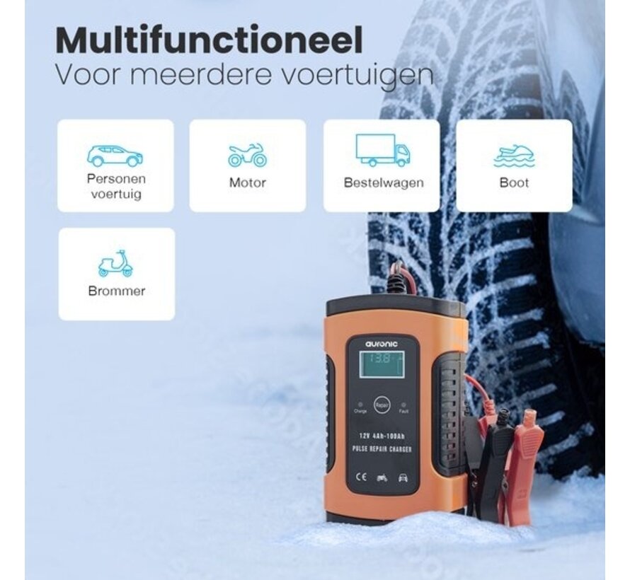Auronic Chargeur de batterie - Chargeur de secours - pour voiture et moto - 12V - jusqu'à 100Ah - Orange