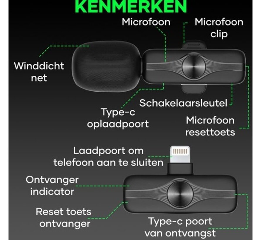 MATTI® 2-in-1 - Microphone sans fil - Microphone iPhone - Microphone Tie Pin - Lavalier - Lightning