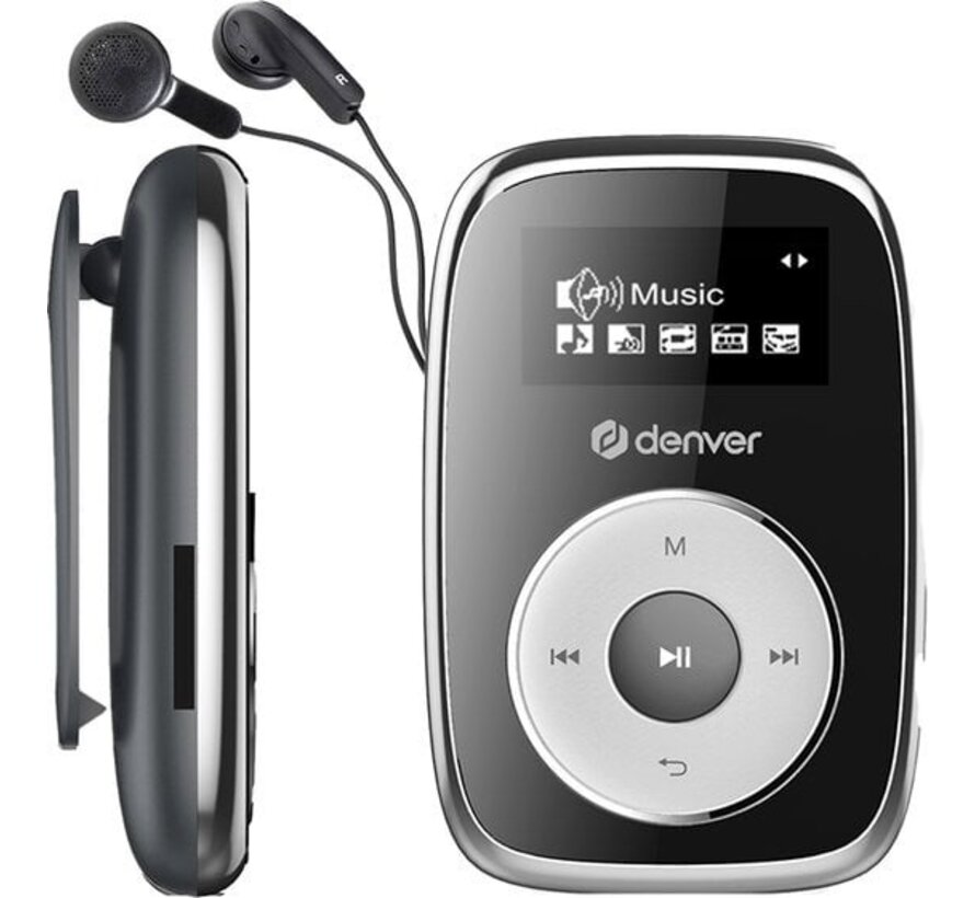 Lecteur MP3 Denver avec écouteurs - 32 Go - Mode aléatoire - Enfants et adultes - Clip de fixation - AUX - MicroSD - MPS316 - Noir