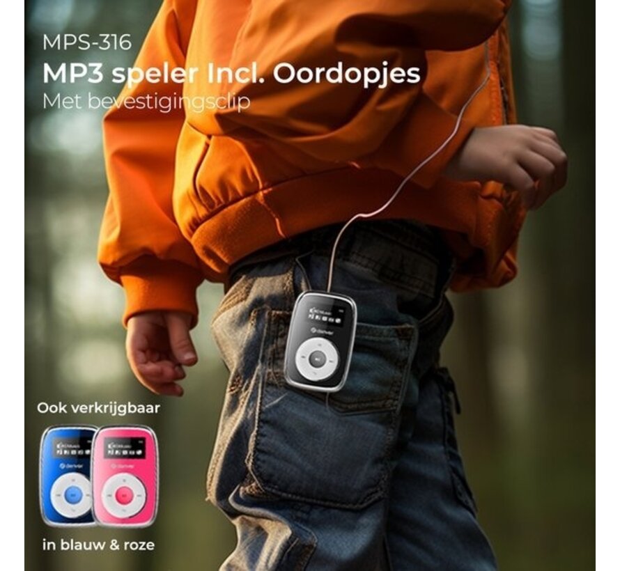 Lecteur MP3 Denver avec écouteurs - 32 Go - Mode aléatoire - Enfants et adultes - Clip de fixation - AUX - MicroSD - MPS316 - Noir