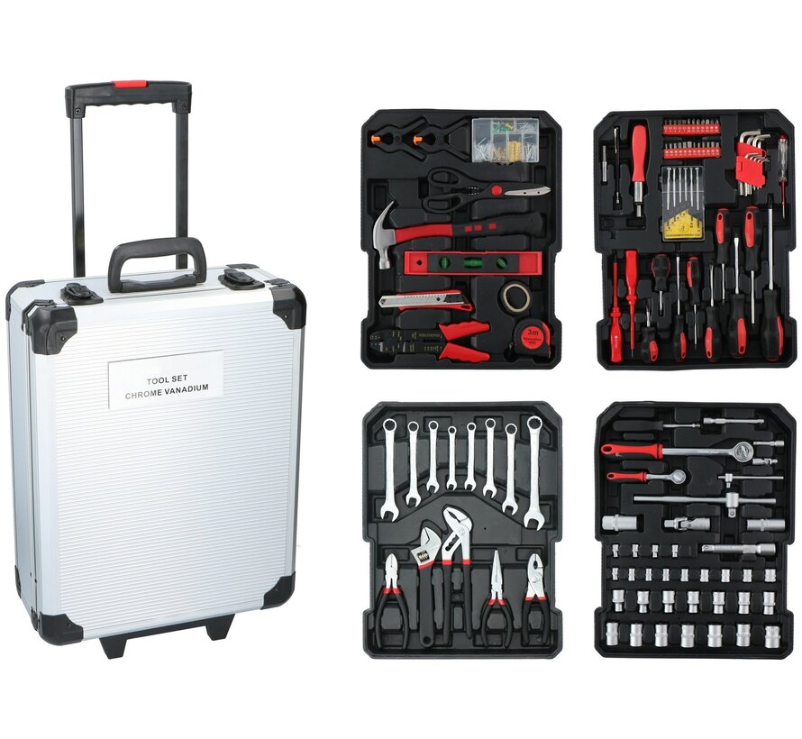 Coffret d'outils à main Kinzo - 187 pièces - dans une valise à roulettes en aluminium - CRV