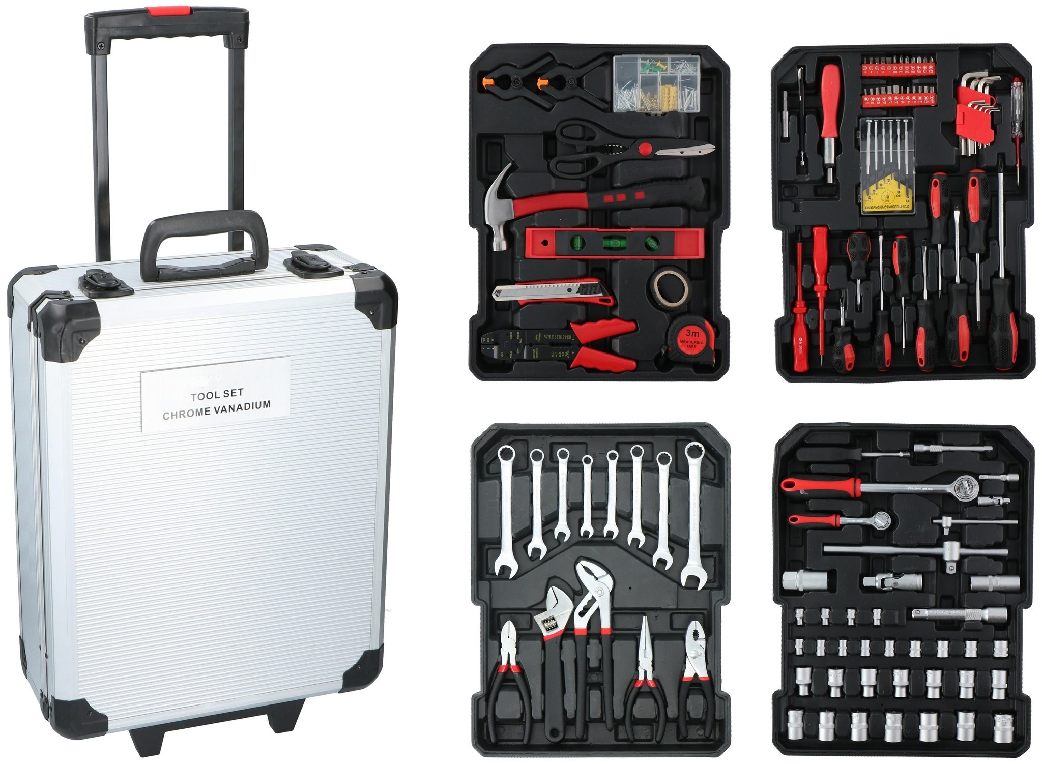 Coffret d'outils à main Kinzo - 187 pièces - dans une valise à roulettes en aluminium - CRV