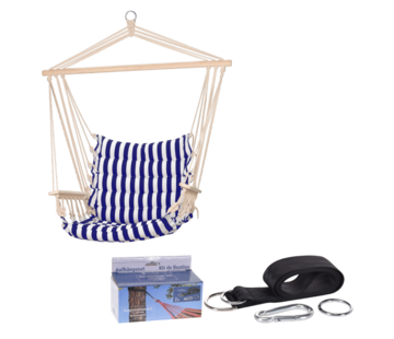 Pro Garden Chaise hamac de jardin Pro - Bleu/Blanc - rayures + INCL. Kit de suspension pour hamac Pro Garden