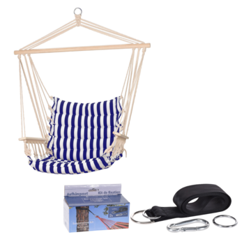 Pro Garden Chaise hamac de jardin Pro - Bleu/Blanc - rayures + INCL. Kit de suspension pour hamac Pro Garden