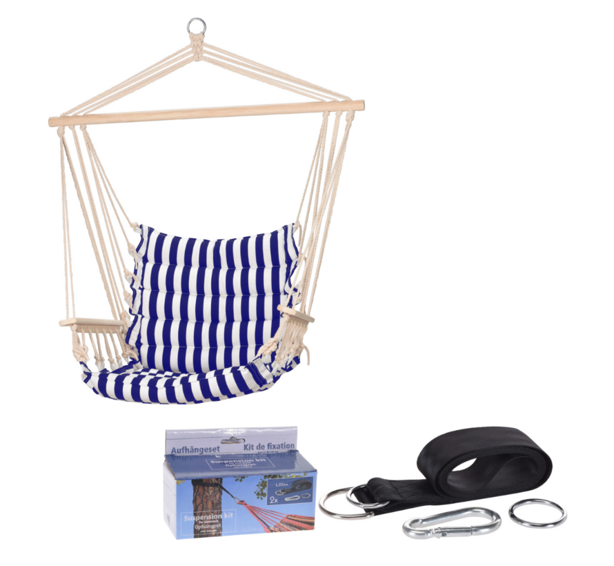 Chaise hamac de jardin Pro - Bleu/Blanc - rayures + INCL. Kit de suspension pour hamac Pro Garden