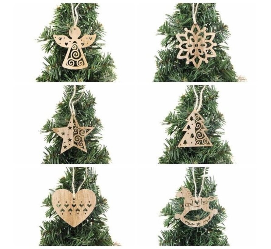 Giftmas Boules de Noël en bois - Bois - 6 formes - ⌀6.5cm - 24 pièces